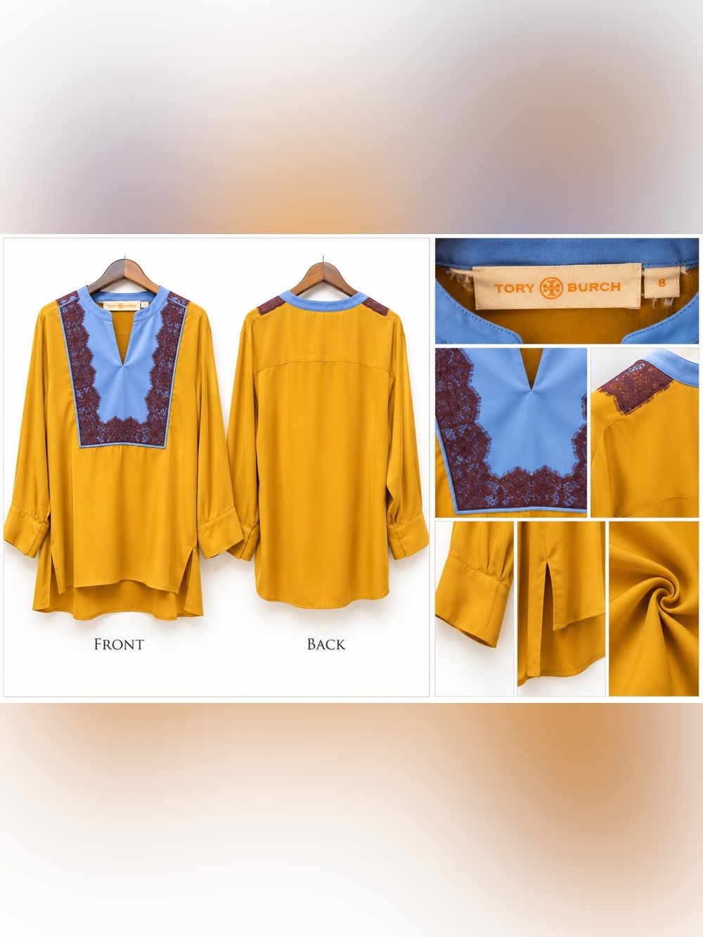 Tory Burch Mustard Yellow Tunic with Light Blue Yoke and Brown Lace Trim